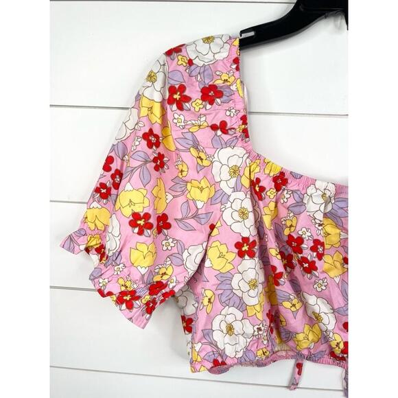 Vero Moda Pink Floral Print Puff Sleeve Tie Front Crop Blouse Size XL - Picture 6 of 10